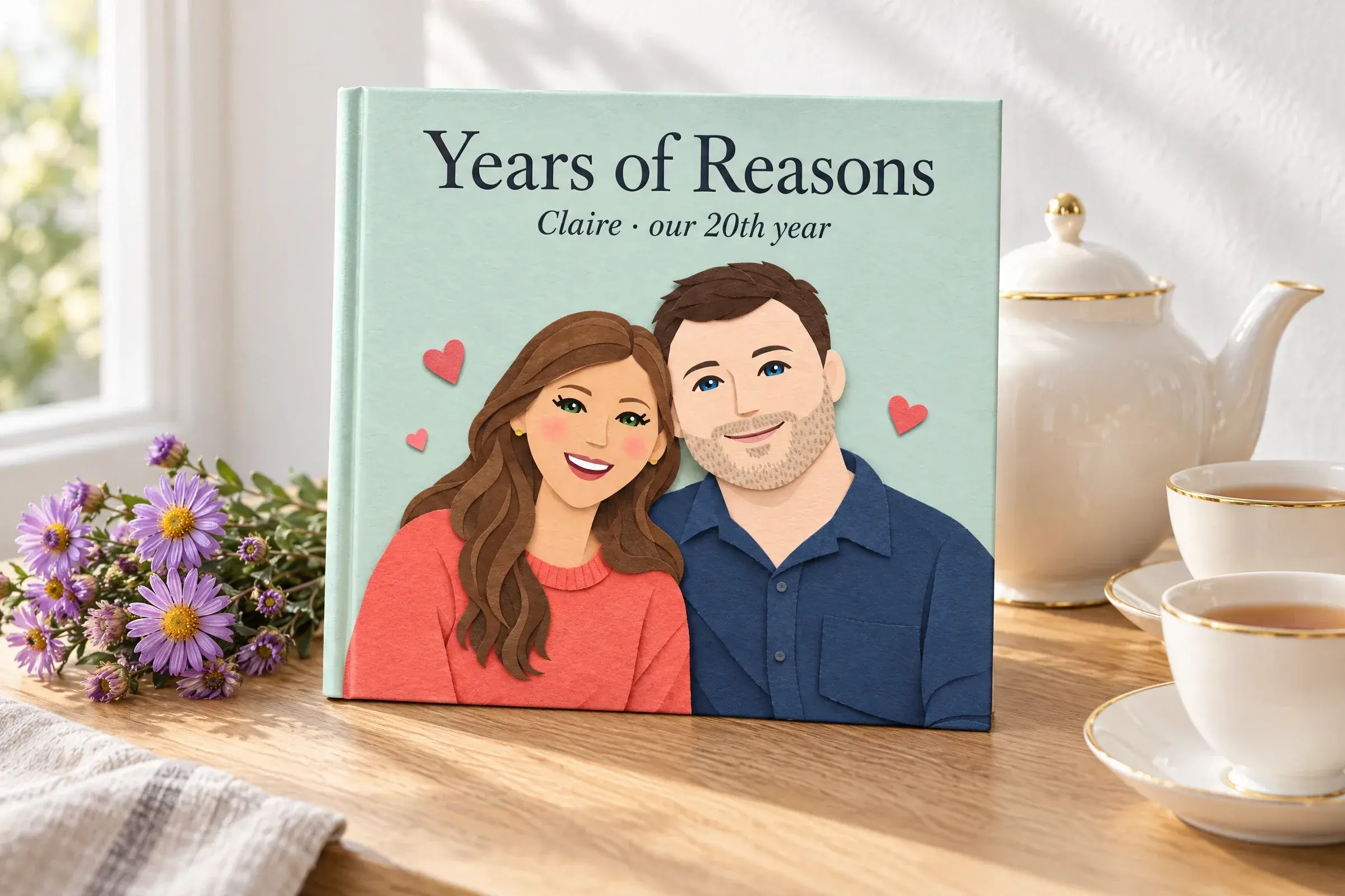 The hardcover Years of Reasons, for Claire, our 20th year, beside a white bone china teapot and teacups and purple asters, with Claire and her husband illustrated in cut paper on the cover