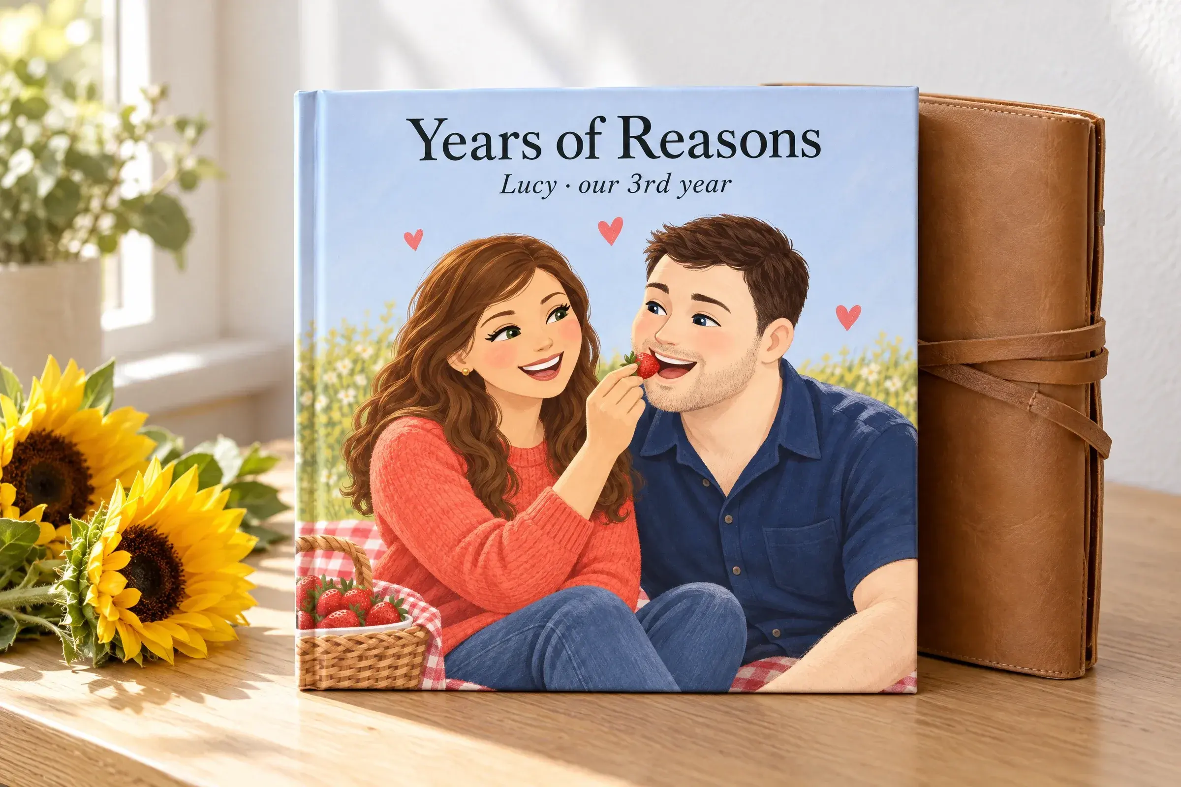 The hardcover Years of Reasons, for Lucy, our 3rd year, beside a tan leather journal and sunflowers, with Lucy and her husband illustrated on a picnic on the cover