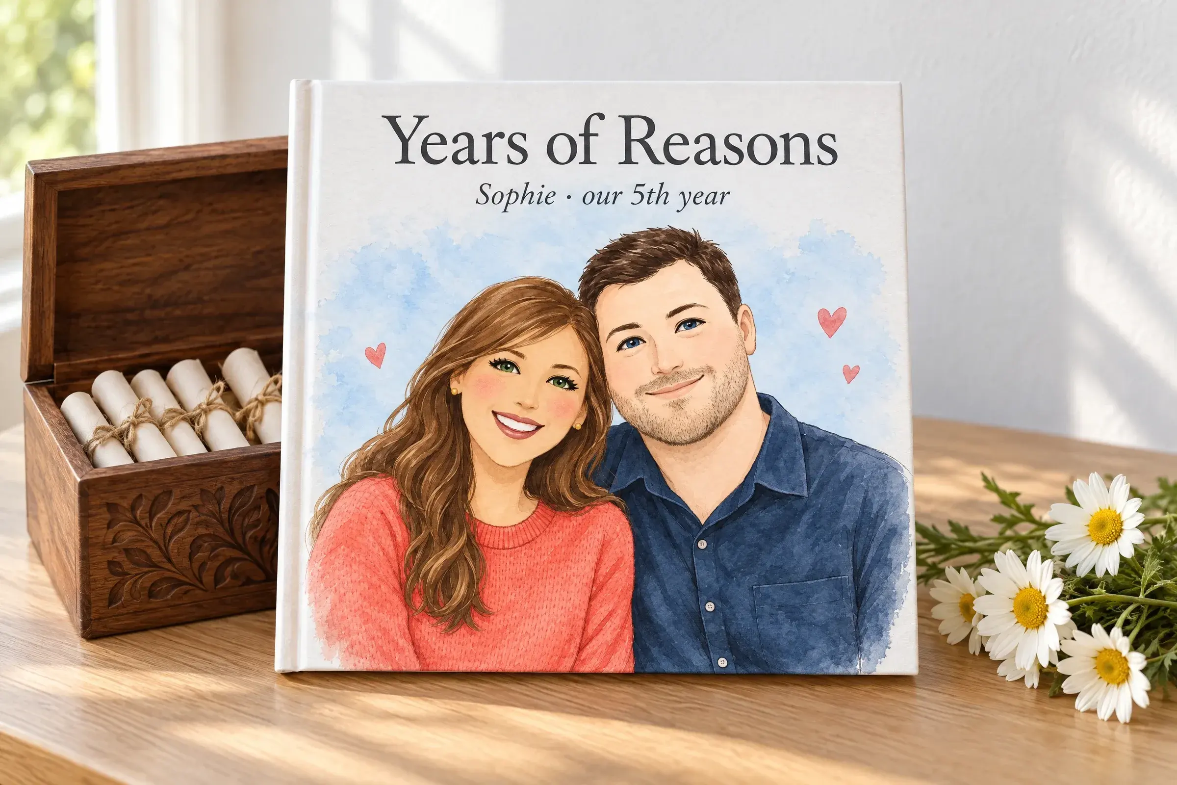 The hardcover Years of Reasons, for Sophie, our 5th year, beside an open walnut keepsake box of five rolled notes and white daisies, with Sophie and her husband illustrated in watercolor on the cover