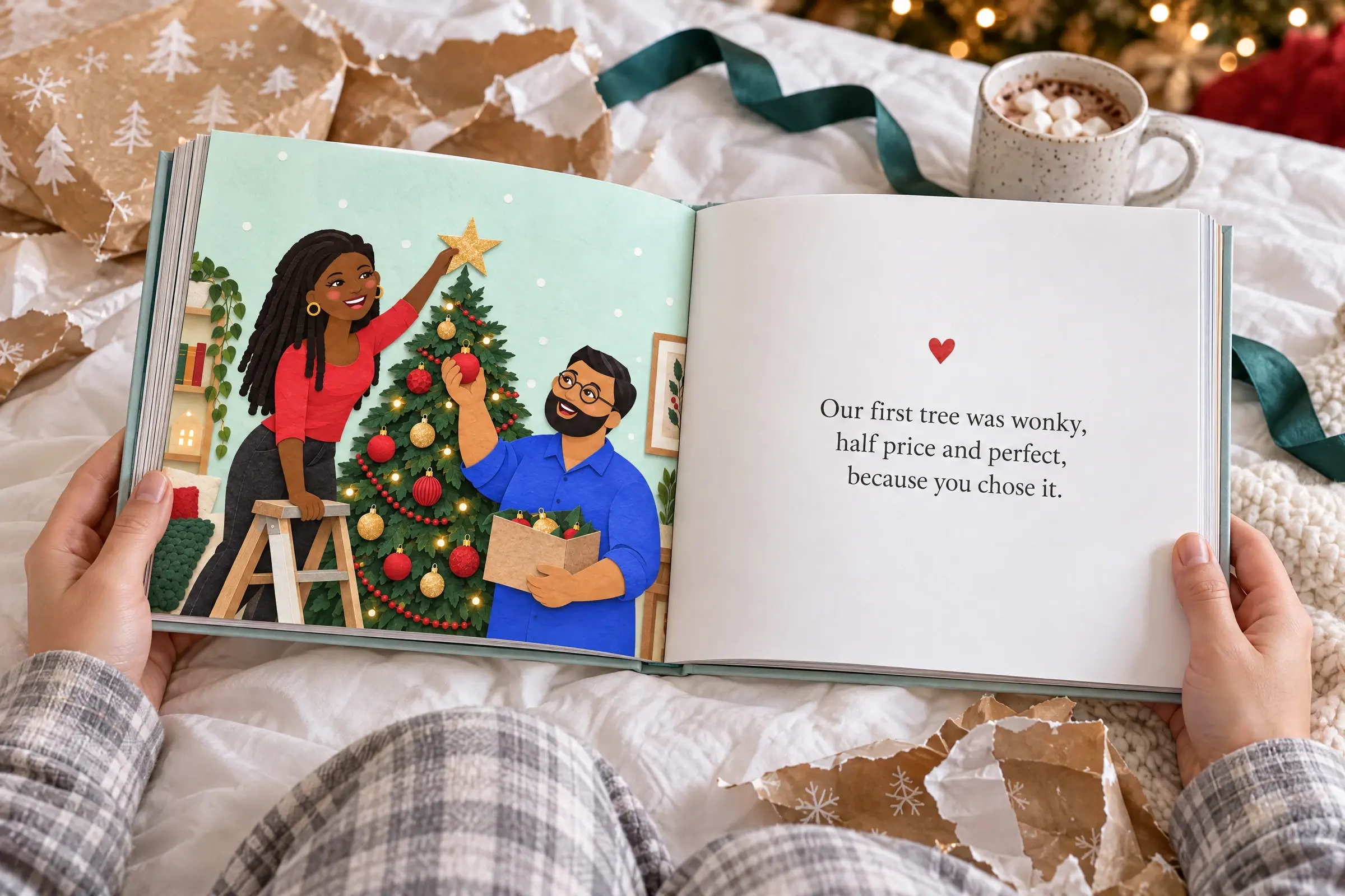 Hands holding a book of reasons open on a bed on Christmas morning, among wrapping paper, with a couple illustrated decorating their tree on one page and a reason on the other
