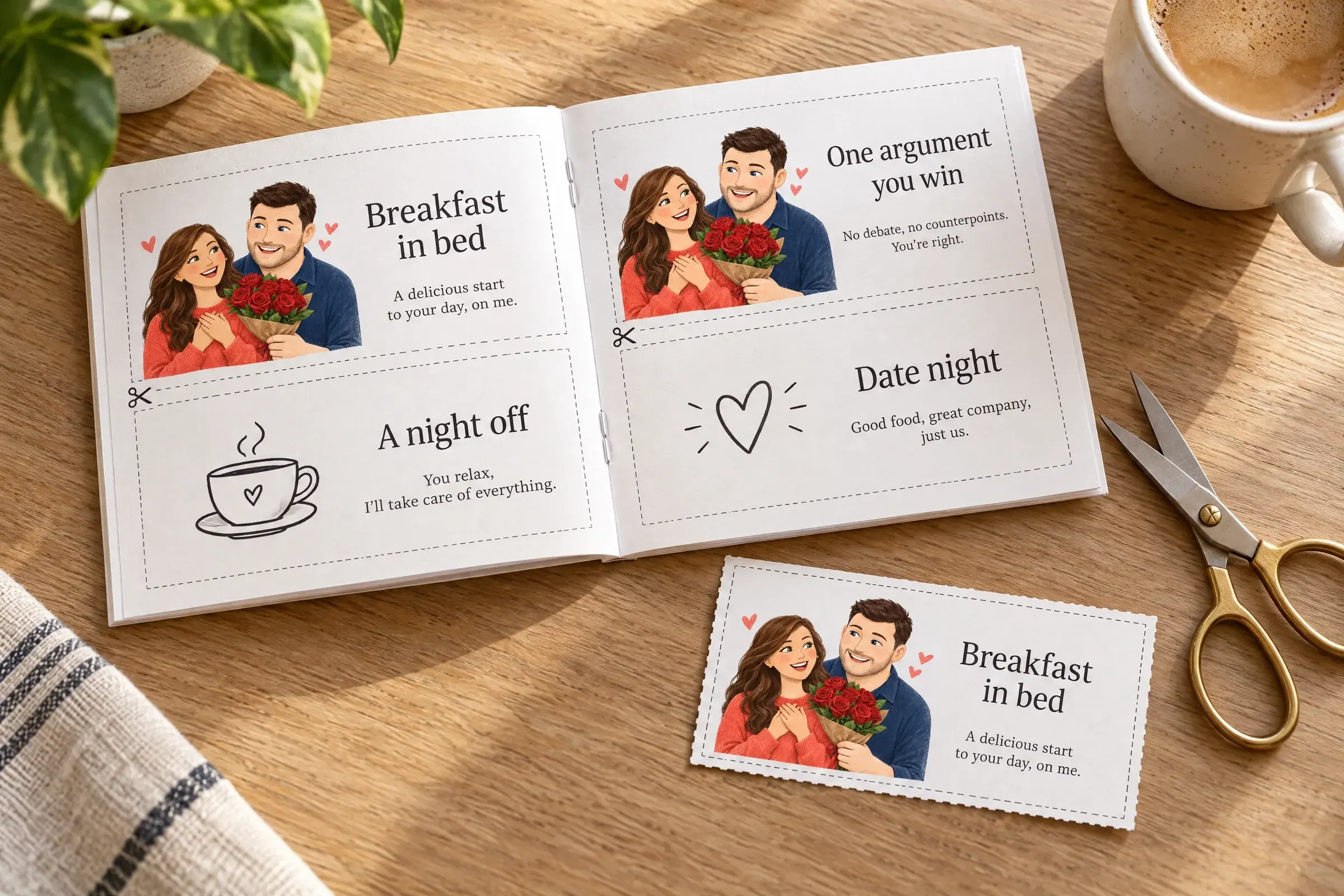 An open booklet of love coupons, two to a page, with a couple illustrated on every other coupon and one cut out beside a pair of scissors