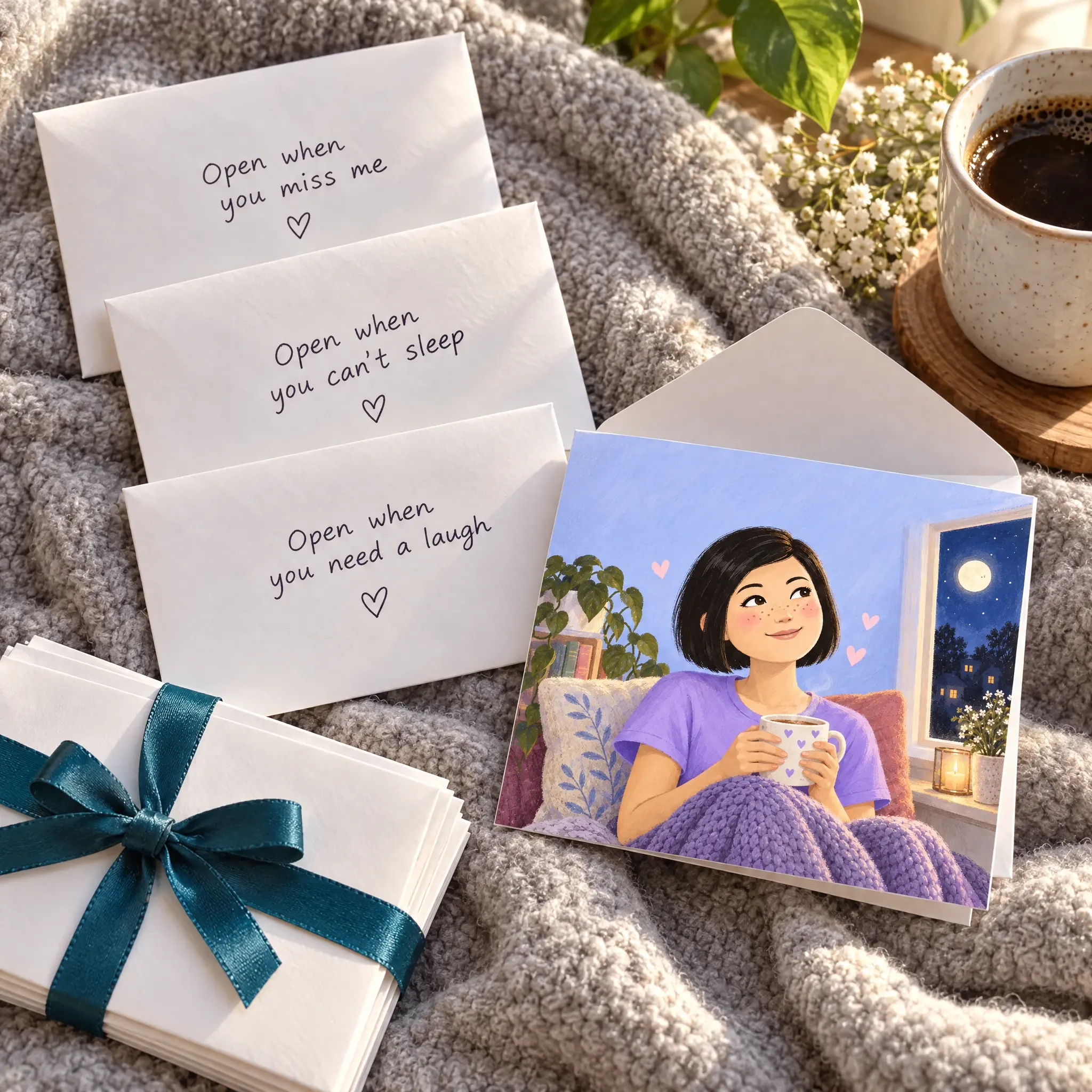 Open-when letters printed at home: envelopes marked open when you miss me, can't sleep and need a laugh, and an illustrated letter