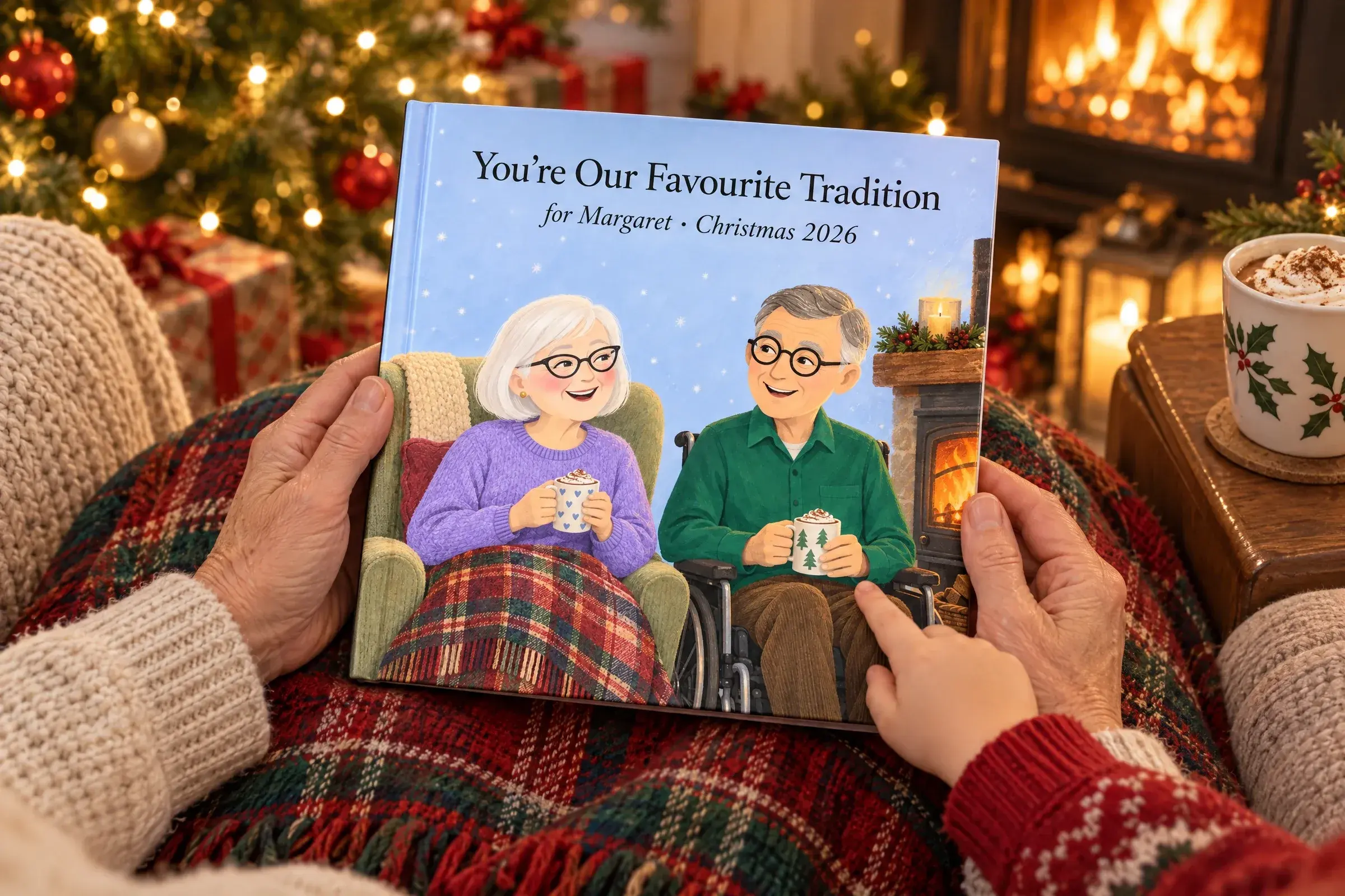 A grandparent's hands holding the hardcover You're Our Favourite Tradition, for Margaret, on a tartan blanket by the fire, with a grandchild's hand pointing at Margaret and her husband illustrated on the cover