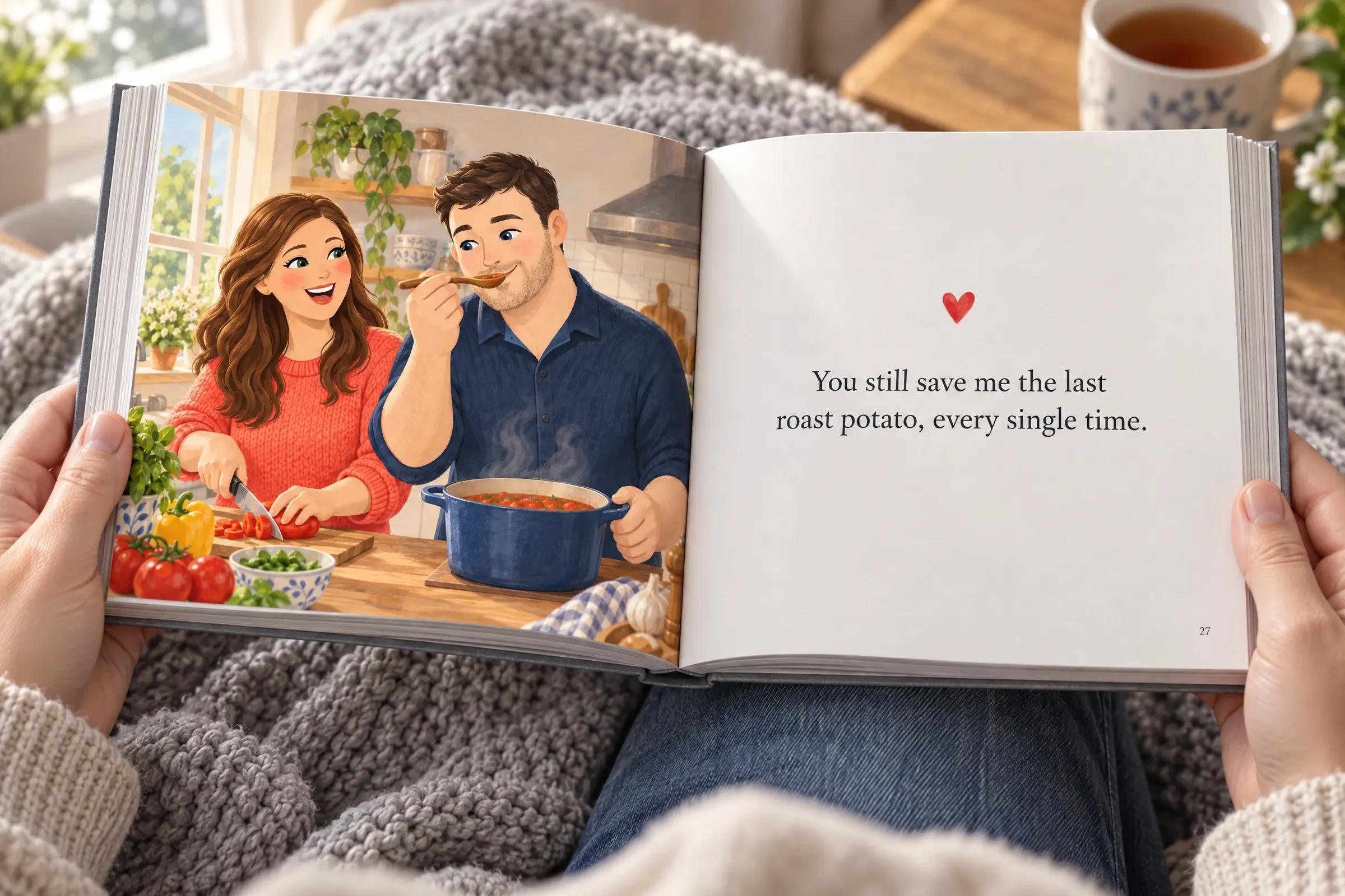 Hands holding a reasons book open at a page that says "You still save me the last roast potato, every single time"