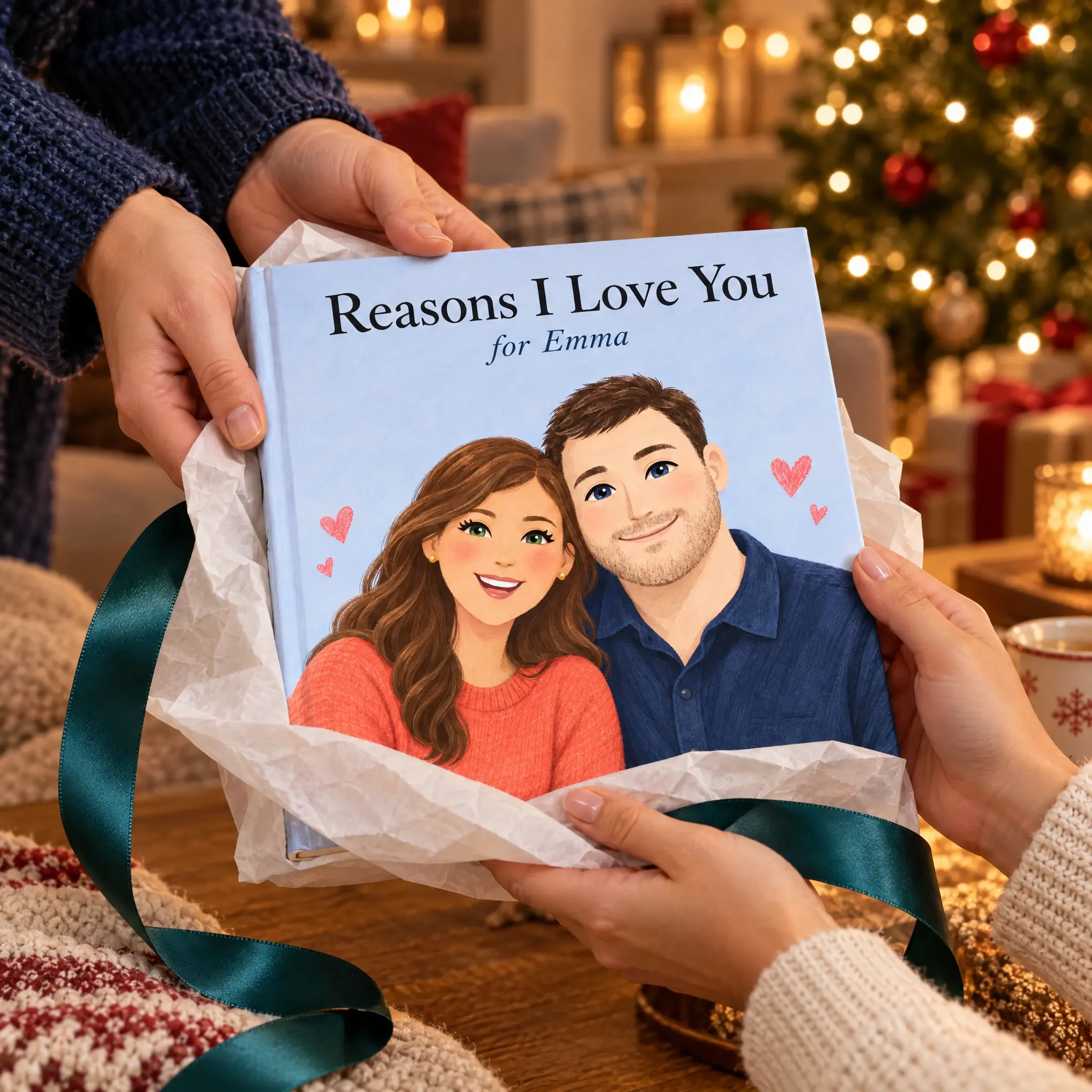 One person handing another the personalised hardcover Reasons I Love You, for Emma, half unwrapped, with Emma and James illustrated on the cover