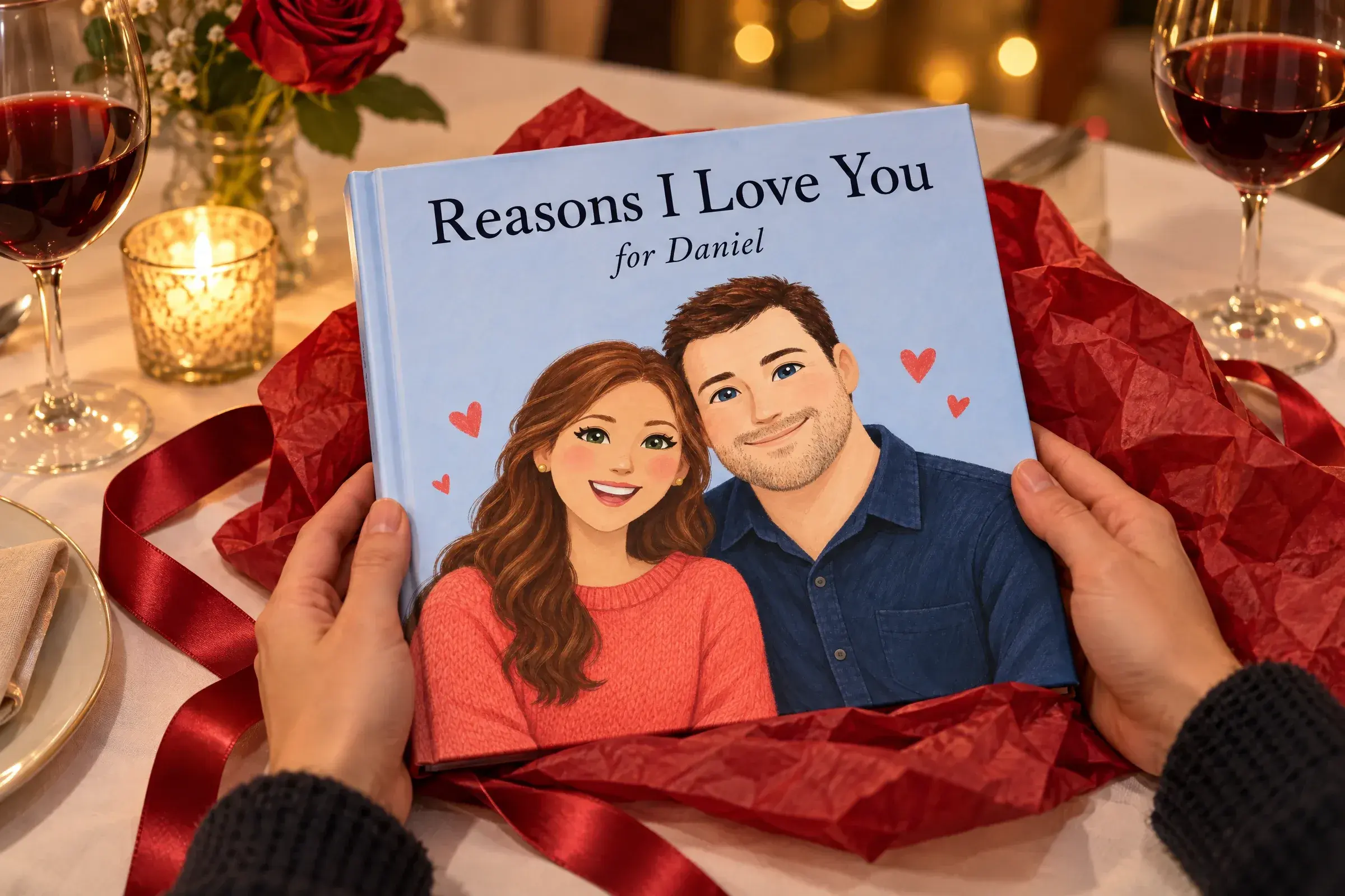 Hands holding the hardcover Reasons I Love You, for Daniel, half unwrapped from red tissue paper on a candlelit dinner table, with Daniel and his partner illustrated on the cover