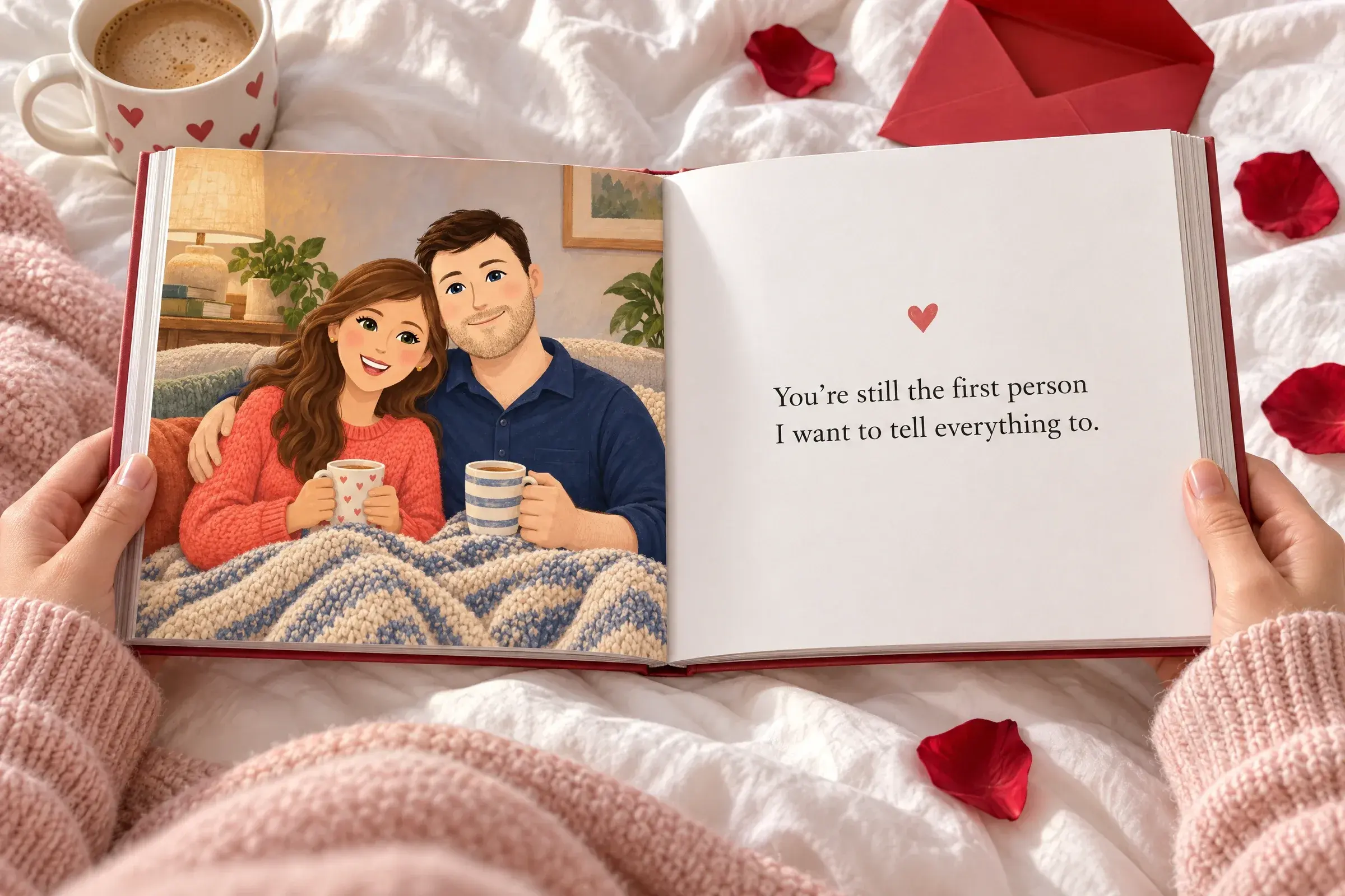 Hands holding a book of reasons open on a bed on Valentine's morning, beside a red envelope and rose petals, with a couple illustrated on the sofa on one page and a reason on the other