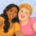 Two best friends pulling faces in a selfie, illustrated