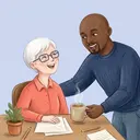 Two colleagues sharing a laugh over a mug of tea at a desk, illustrated