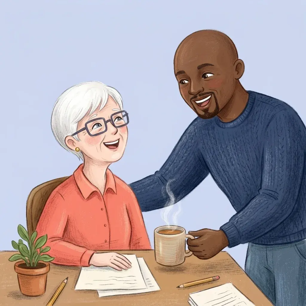 Two colleagues sharing a laugh over a mug of tea at a desk, illustrated