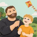 A bearded dad flying a kite with his young son, illustrated