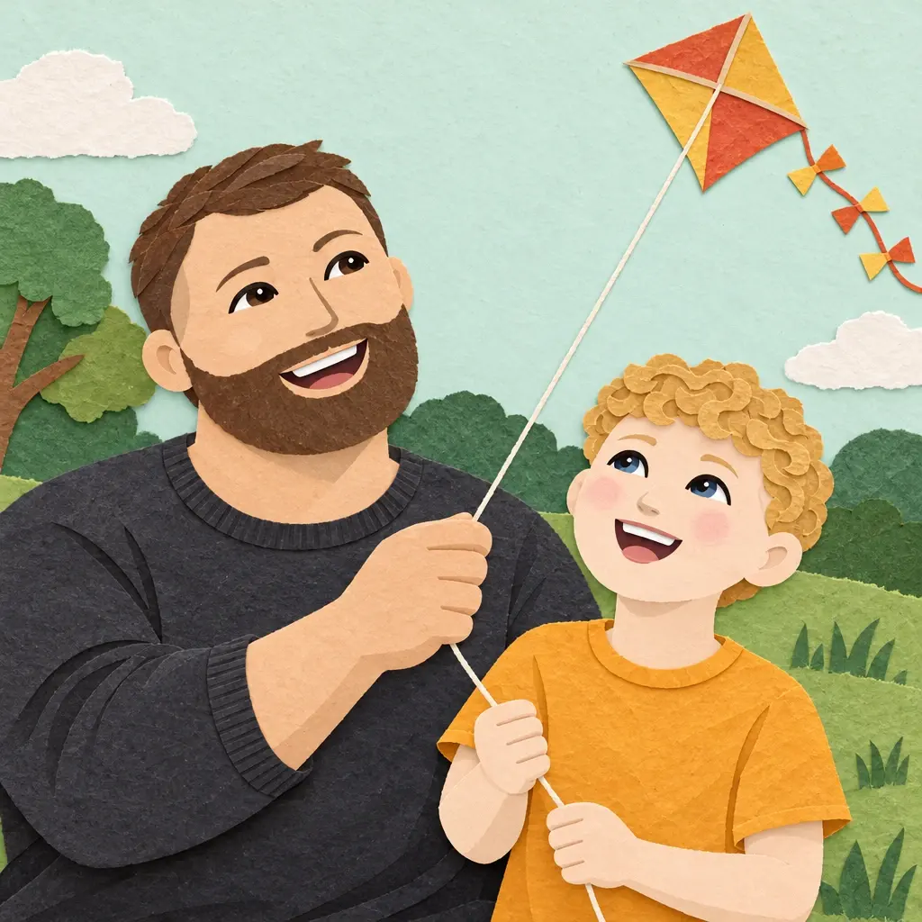 A bearded dad flying a kite with his young son, illustrated
