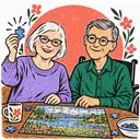 Grandparents doing a jigsaw puzzle together at the kitchen table, illustrated