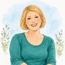 A smiling mum with a blonde bob, illustrated in watercolour
