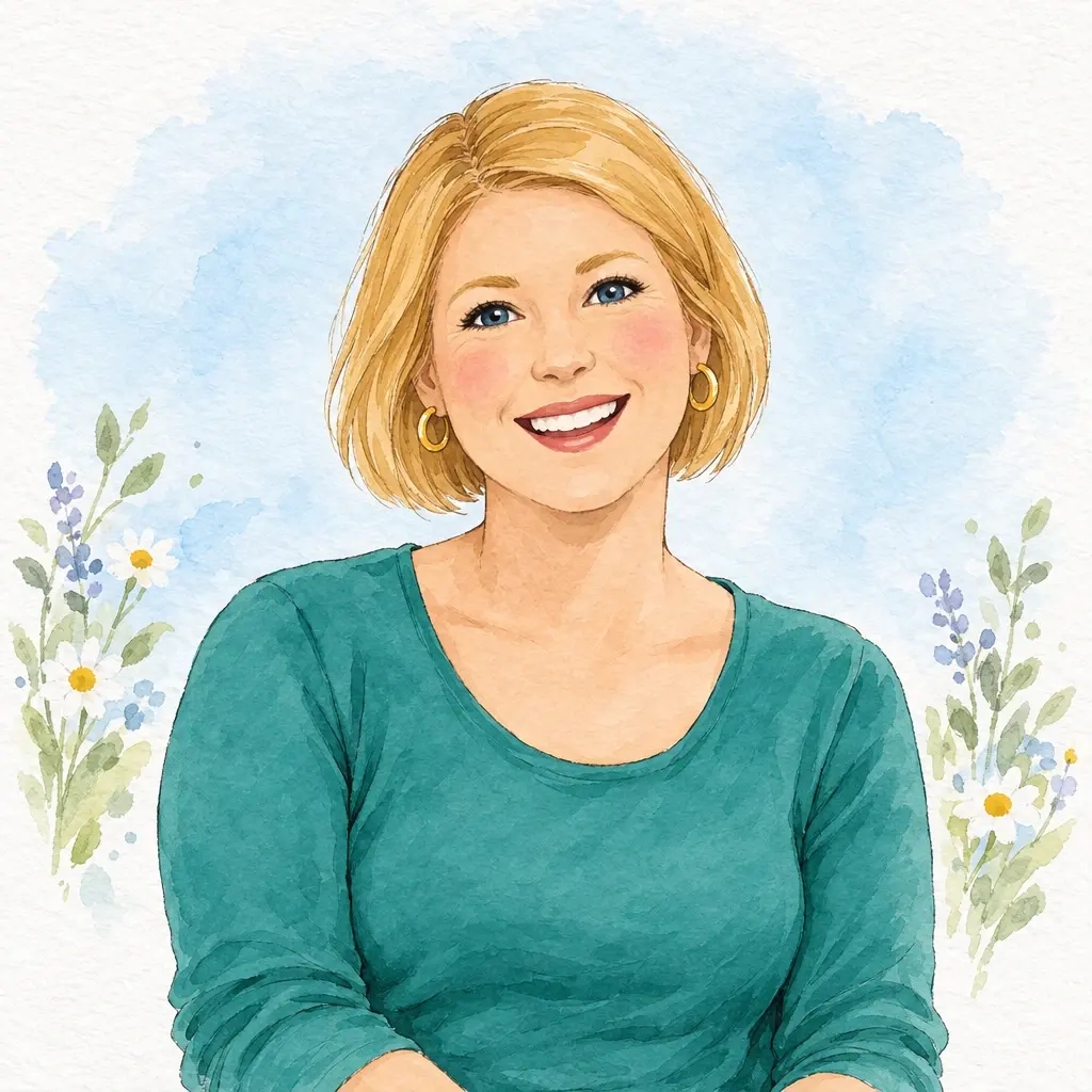 A smiling mum with a blonde bob, illustrated in watercolour