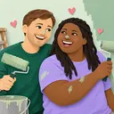 Two new parents laughing as they paint the nursery walls, illustrated