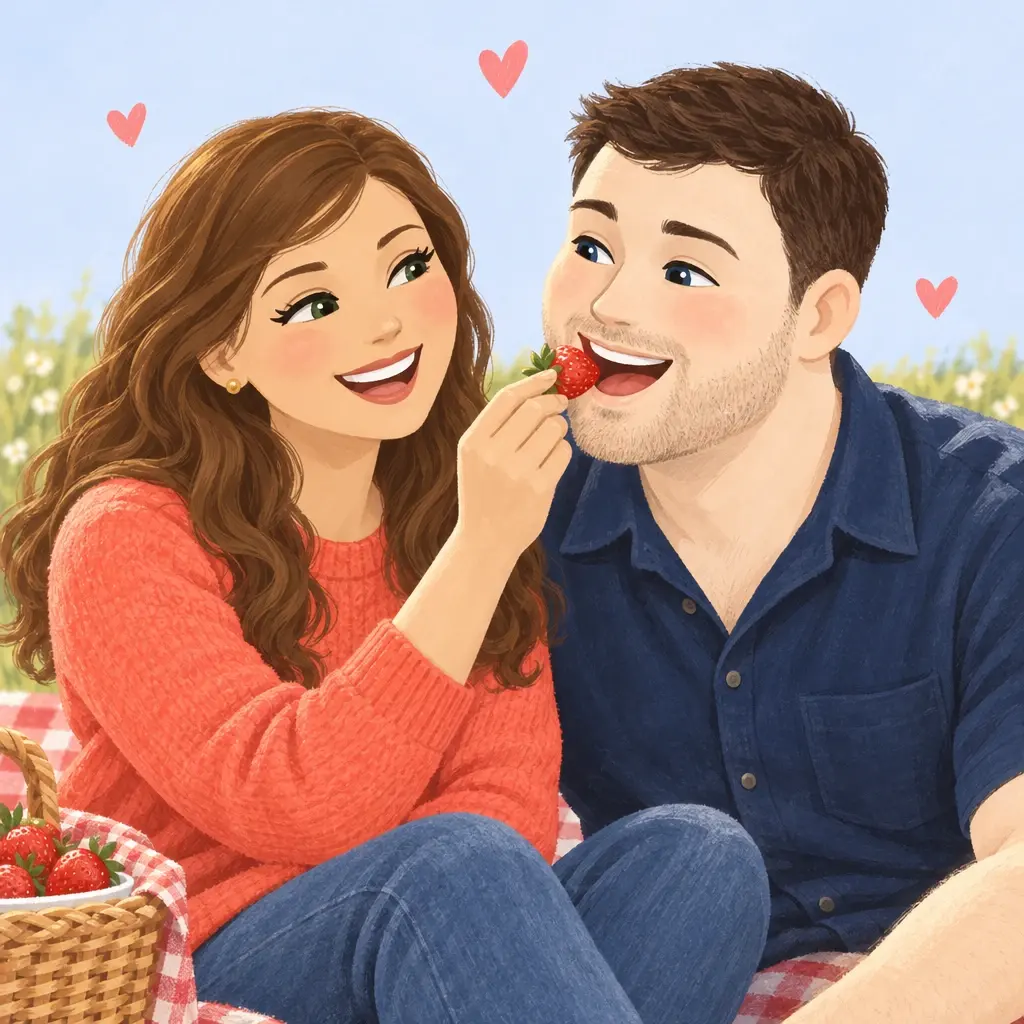 A couple illustrated at a picnic, one feeding the other a strawberry