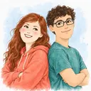 A sister and brother standing back to back with folded arms, illustrated