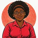 A smiling teacher in round glasses, illustrated in linocut