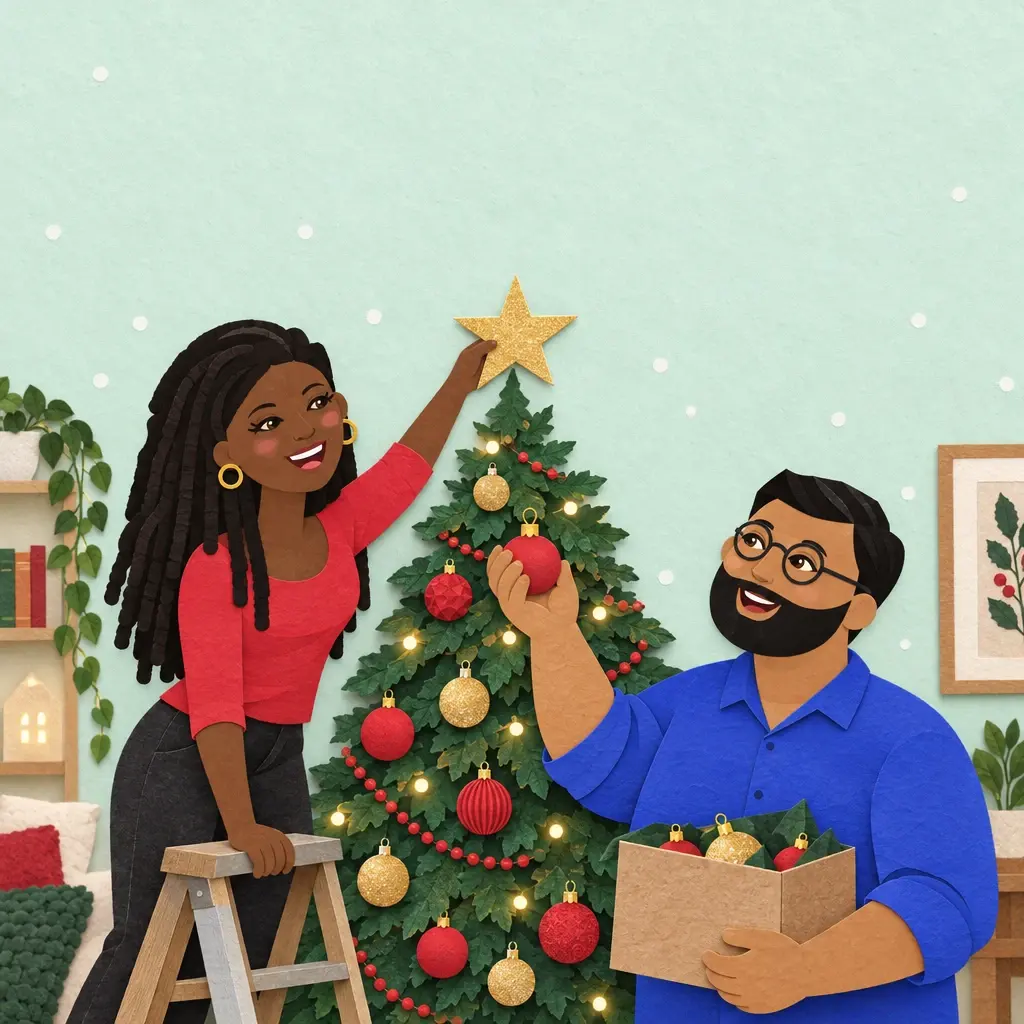 Ama and Ravi illustrated on the cover of Our First Christmas