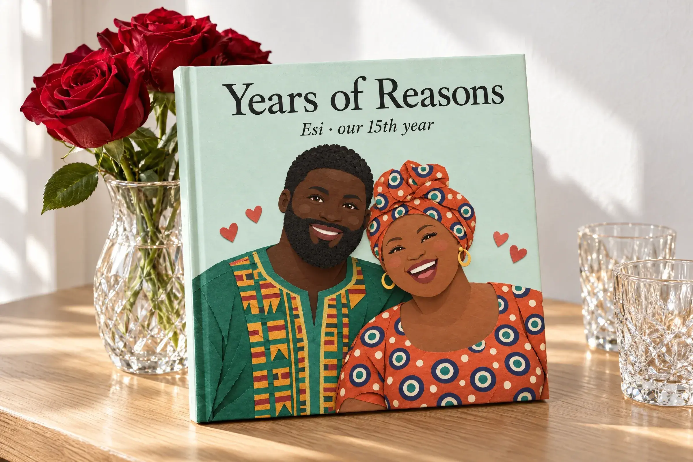 The hardcover Years of Reasons, for Esi, our 15th year, beside a crystal vase of red roses and two crystal glasses, with Esi and Kofi illustrated in cut paper on the cover