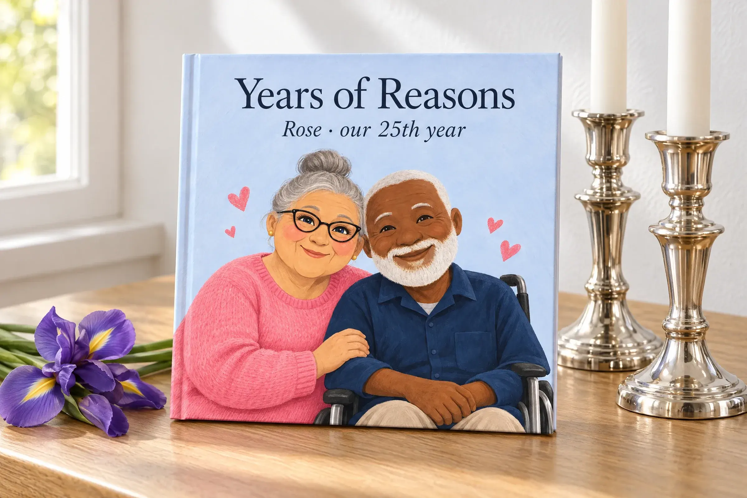 The hardcover Years of Reasons, for Rose, our 25th year, beside silver candlesticks and purple irises, with Rose and Joseph illustrated on the cover
