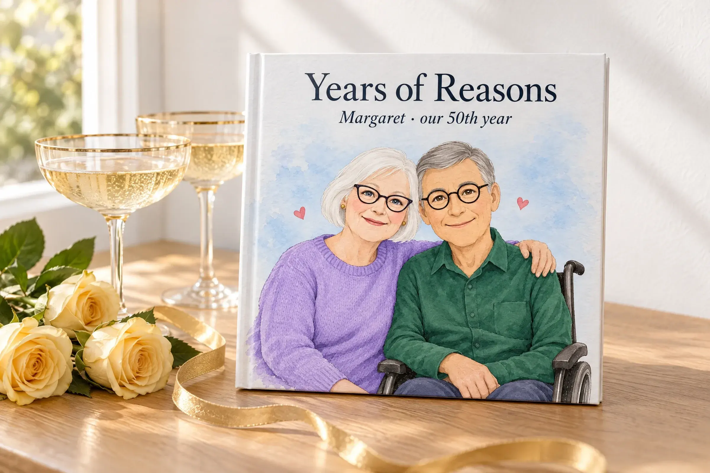 The hardcover Years of Reasons, for Margaret, our 50th year, beside two gold-rimmed champagne glasses and yellow roses, with Margaret and Peter illustrated in watercolor on the cover
