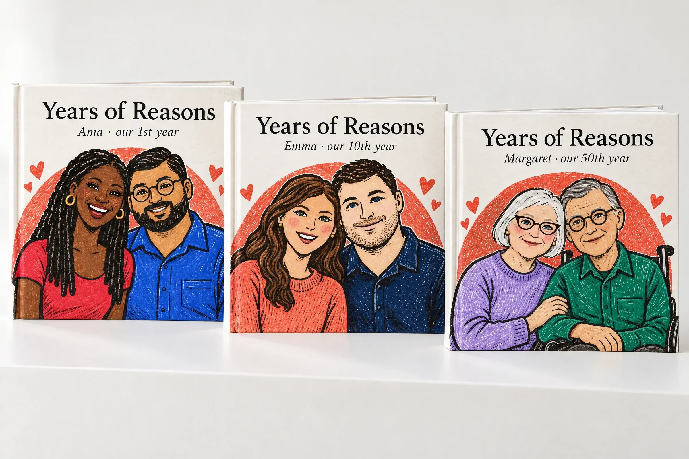 Three hardcover Years of Reasons books in a row, for Ama's 1st year, Emma's 10th year and Margaret's 50th year, each with its couple illustrated on the cover
