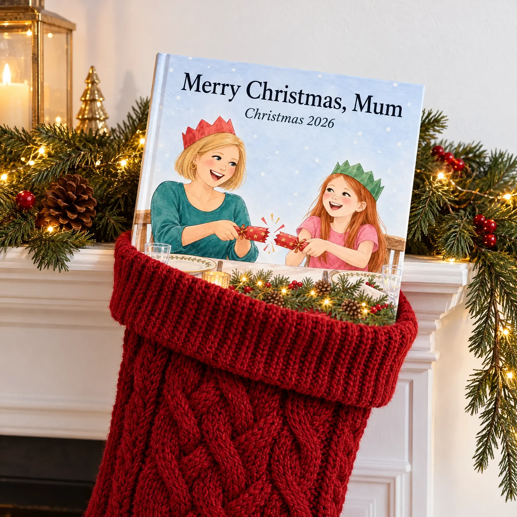The hardcover Merry Christmas, Mum tucked into a red knitted stocking on a mantelpiece, with Kate and her daughter illustrated pulling a cracker on the cover