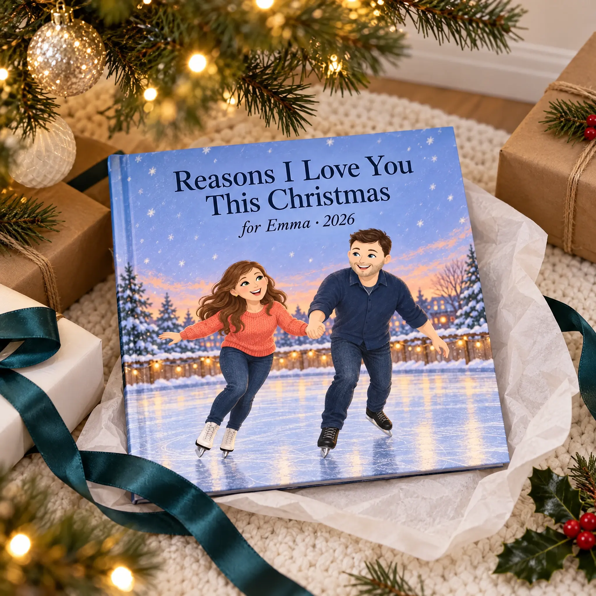 The hardcover Reasons I Love You This Christmas, for Emma, half unwrapped under a Christmas tree, with Emma and James illustrated ice skating on the cover