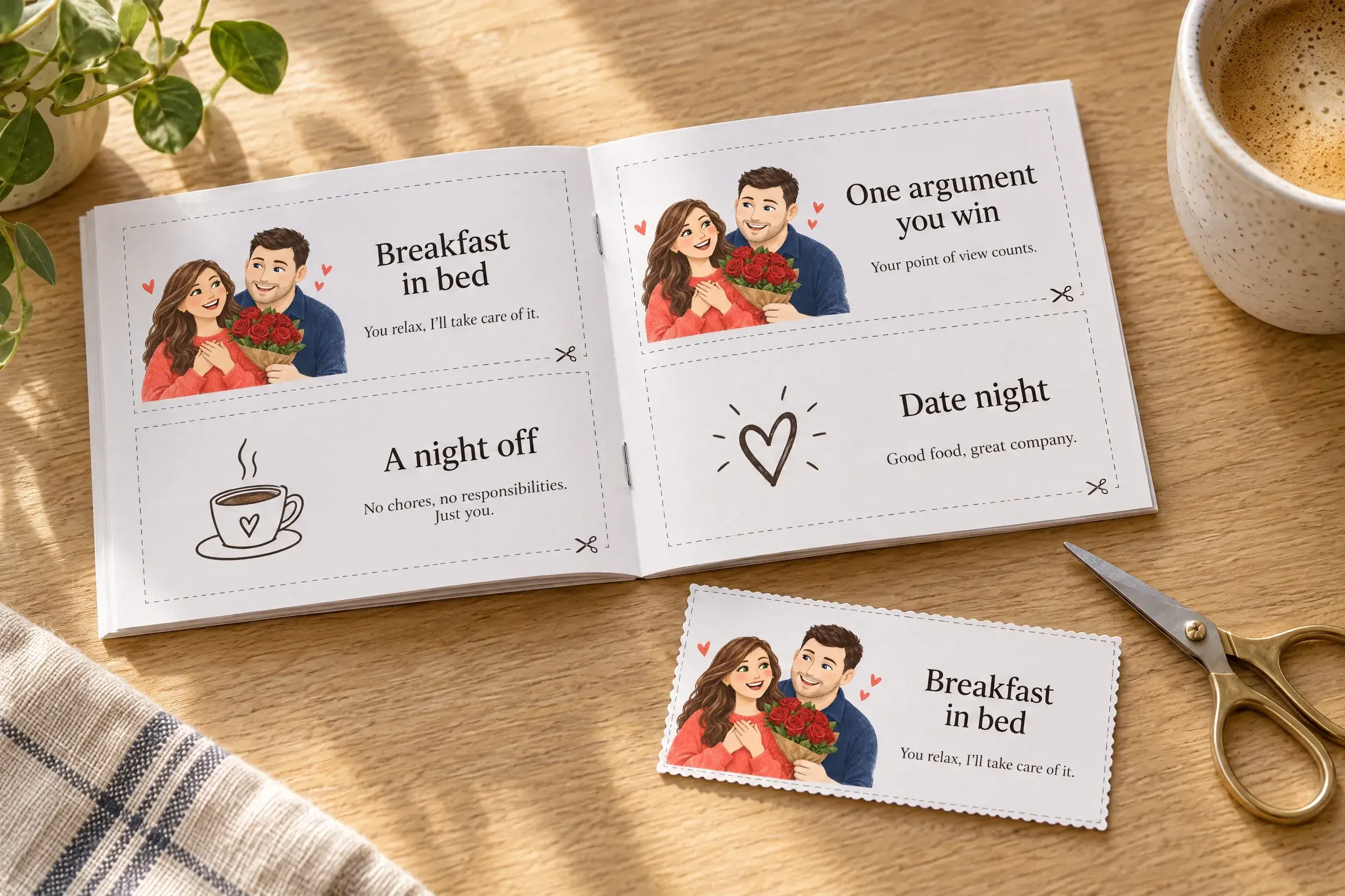 An open booklet of love coupons on a table, two to a page, with a couple illustrated on every other coupon and one coupon cut out beside it