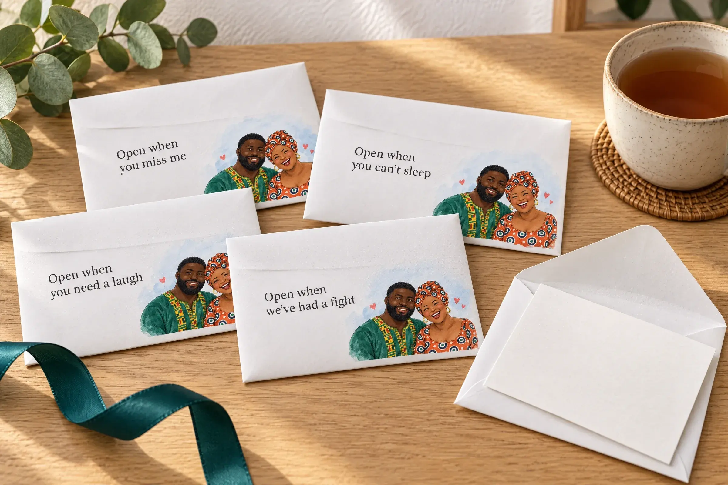 Open-when envelopes printed at home and fanned out on a table, marked open when you miss me, can't sleep, need a laugh and we've had a fight, each with a couple illustrated in the corner