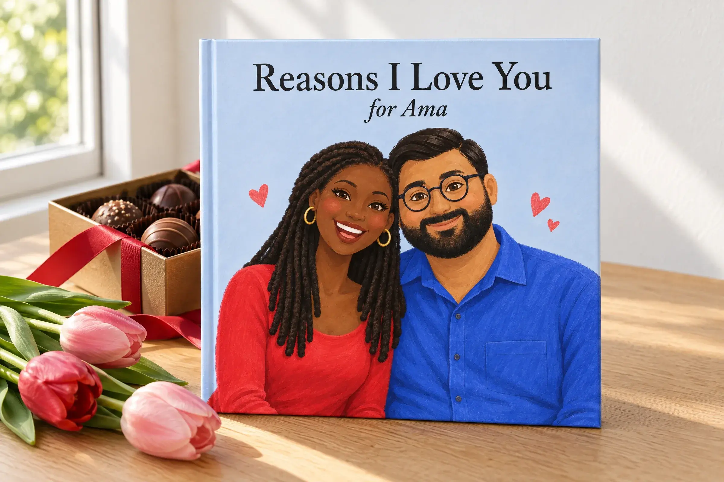 The hardcover Reasons I Love You, for Ama, beside an open box of chocolate truffles and pink and red tulips, with Ama and Ravi illustrated on the cover