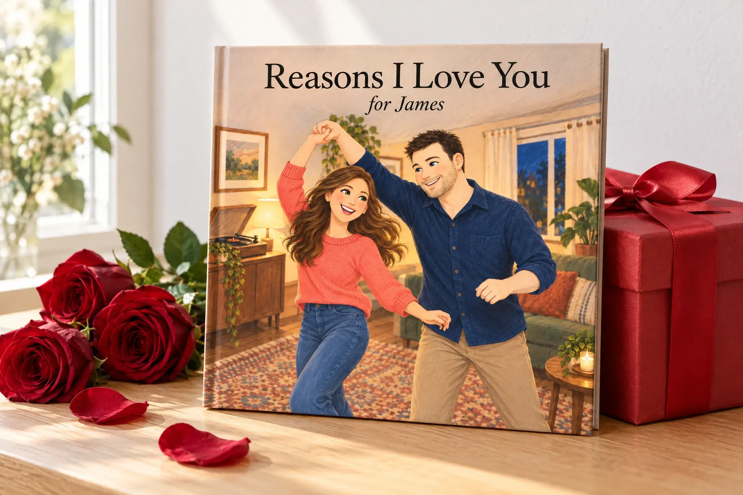 The hardcover Reasons I Love You, for James, beside a red gift box and red roses, with James and Emma illustrated dancing in their living room on the cover